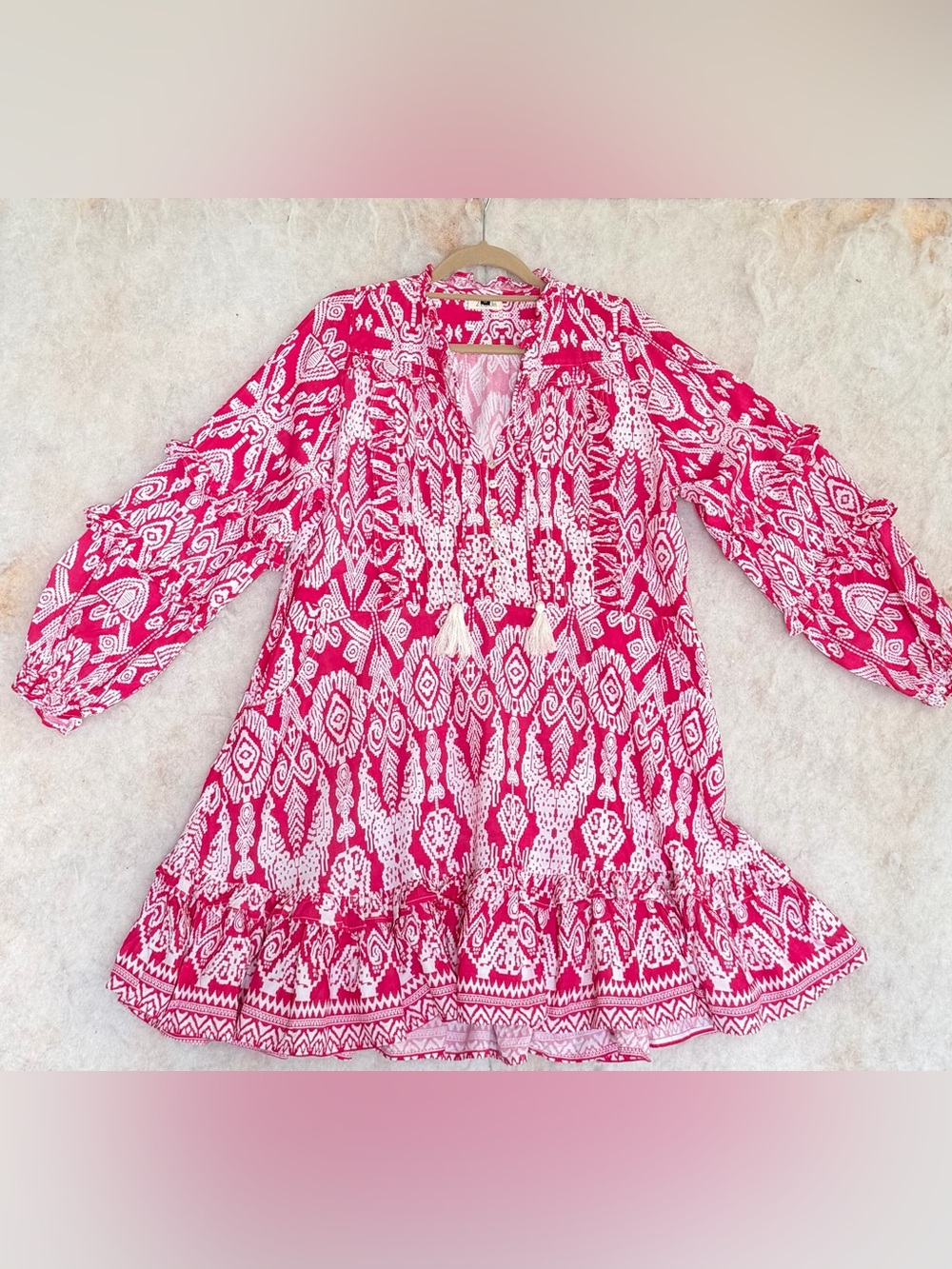 Women’s Tassel-Front Pink & White Printed Tunic (SKU852)